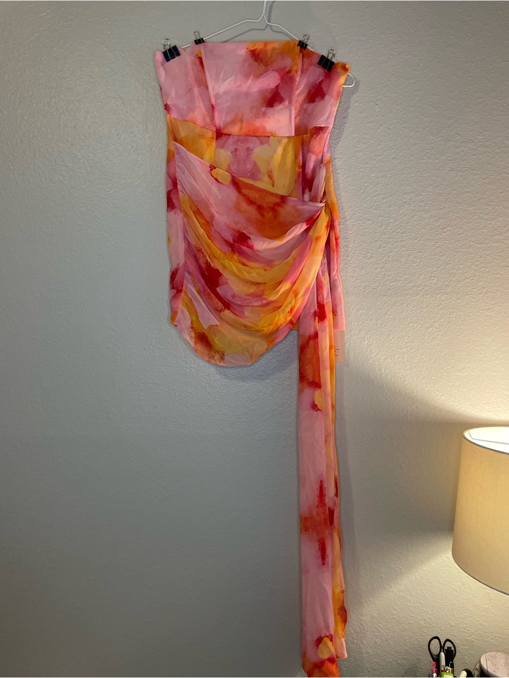 SHEIN Pink & Yellow Watercolor One-Shoulder Draped Dress